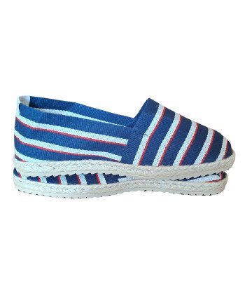 Espadrille rayures bleu blanc rouge modèle Océane fabrication 66 couture petit point.