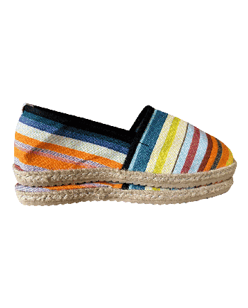 Espadrille catalane bleue et orange collection Laurentine tissu jour de fête.