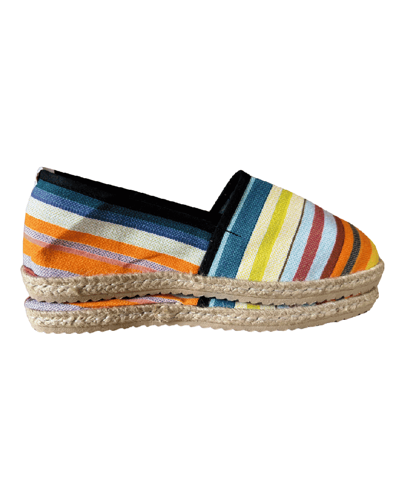 Espadrille catalane bleue et orange collection Laurentine tissu jour de fête.