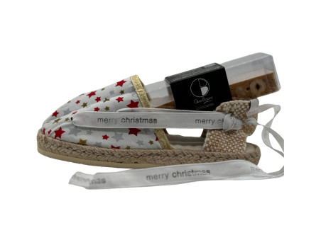 Vigatane Catalane artisanale de Noël (rouge et motifs étoiles) garnie d'un sachet de Nougat Bajard